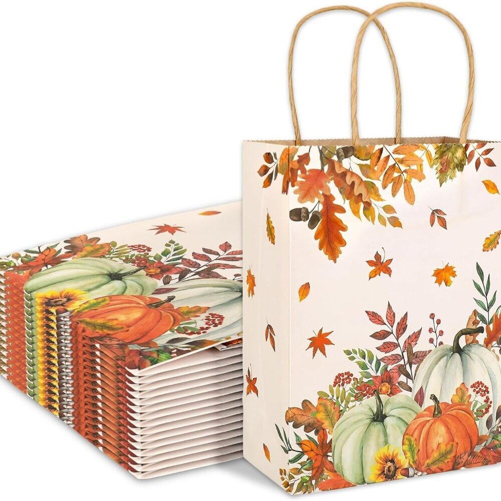 24Pcs Fall Kraft Paper Gift Bags Pumpkin Maple Leaves Treat Bags with Handles Gr